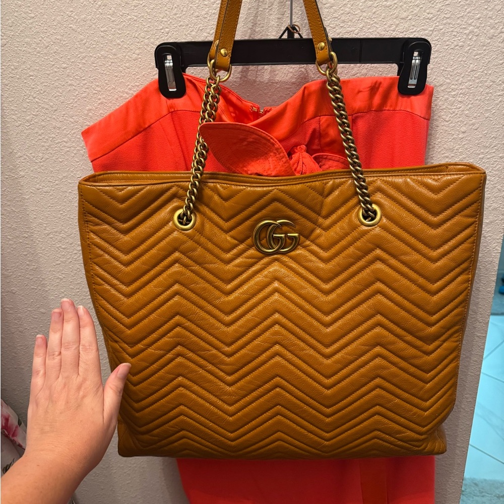 Gucci Marmont Quilted Tote - Mustard Brown with Gold Hardware